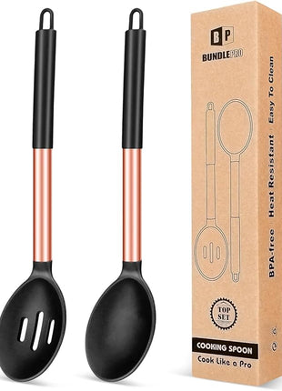 Pack of 2 Large Silicone Cooking Spoons,Non Stick Solid Basting Spoon,Heat-Resistant Kitchen Utensils for Mixing,Serving,Draining,Stirring (ROSE GOLD BLACK)