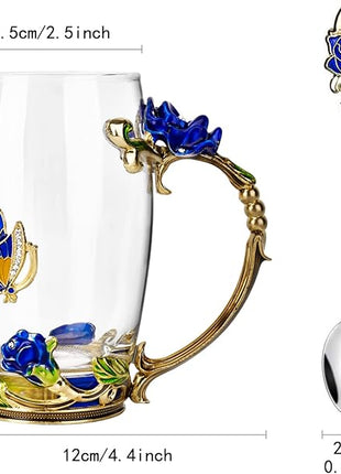 OEAGO Gifts for Mom Women Mothers Day Glass Coffee Enamels Mug Best Birthday Butterfly Rose Gifts for Her from Daughter Son Lead-Free Christmas Blue Tea Cup with Spoon Set