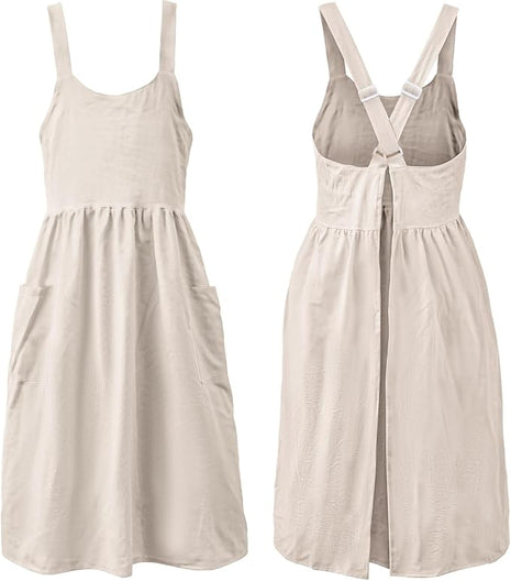Uaussi Cotton Linen Apron Cross Back Work Apron for Women with Pockets Pinafore Dress X Cross Halter Apron for Chef Gardening