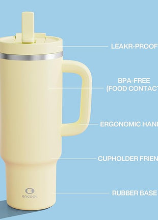 40 oz Tumbler with Handle and Straw: Stainless Steel Insulated Tumbler Keeps Cold for 24 Hours, Leakproof Travel Cup Fits in Cup Holder and BPA-Free,Light Vanilla