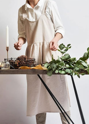 Uaussi Cotton Linen Apron Cross Back Work Apron for Women with Pockets Pinafore Dress X Cross Halter Apron for Chef Gardening