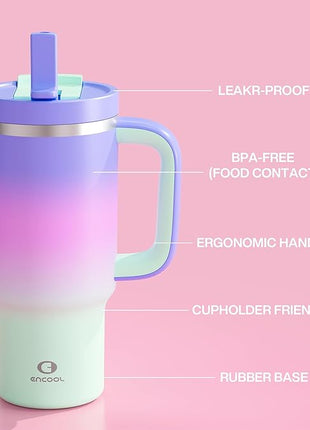 32 oz Tumbler with Handle and Straw: Stainless Steel Insulated Tumbler Keeps Cold for 24 Hours, Leakproof Travel Cup Fits in Cup Holder and BPA-Free, Frosted Lilac