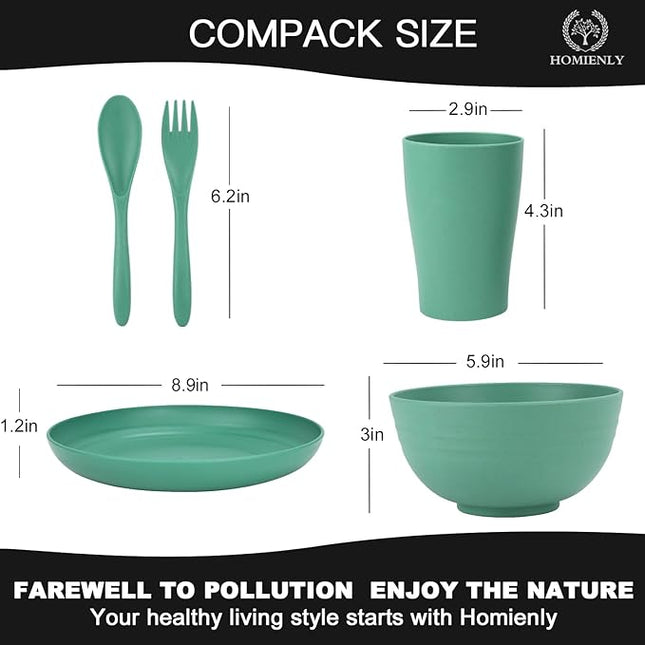 Wheat Straw Dinnerware Sets, Homienly 20pcs Unbreakable Microwave Dishwasher Safe Tableware Lightweight Bowls, Cups, Plates Set Reusable Dinner Plates Bowls set (Green)