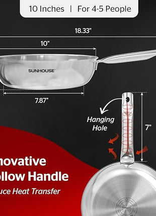Sunhouse 10 Inch Tri-Ply Stainless Steel Frying Pan, Whole-Clad No Coatings Skillet with Stay-cool Handle for Cooking, Durable & Oven Safe to 500°F, Dishwasher Safe, Compatible with All Cooktops