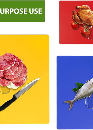 WK Flexible Plastic Cutting Boards for Kitchen Set of 3, Non slip Cutting Mats, Colorful Thin Cutting Sheets for Meat, BPA Free, Dishwasher Safe