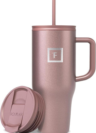 IRON °FLASK Co-Pilot Insulated Mug w/Straw & Flip Cap Lids - Cup Holder Bottle for Hot, Cold Drink - Leak-Proof - Water, Coffee Portable Travel Mug - Rose Gold, 32 Oz
