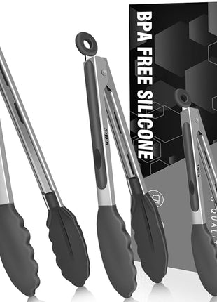 Walfos 600 Degree Heat Resistant Silicone Tongs for Cooking - Kitchen Tongs With Silicone Tips set of 3 size Food Looking Tongs (7" 9" and 12 inch Dark Grey)
