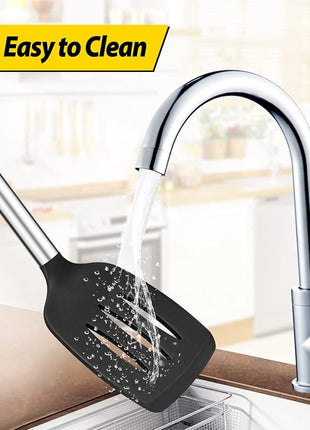 Pack of 4 Silicone Cooking Utensils Set, Non Stick Large Solid Spatulas, Heat Resistant Black Slotted Spoons, Ideal BPA Free Kitchen Turners for Frying, Mixing,Serving,Draining,Turning,Stirring