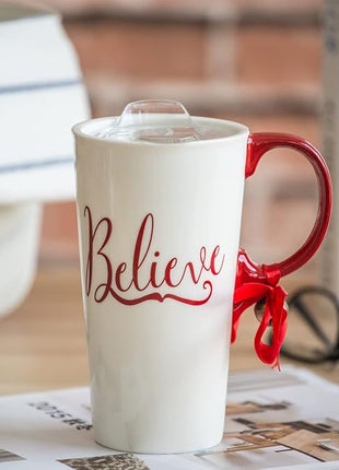Christmas Ceramic Mug Porcelain Coffee Cup with Tritan Lid and Box,17 oz Bell Decorated (Believe)
