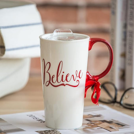 Christmas Ceramic Mug Porcelain Coffee Cup with Tritan Lid and Box,17 oz Bell Decorated (Believe)