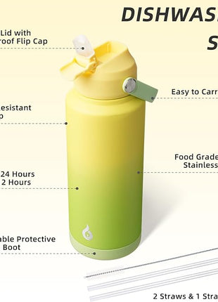 BJPKPK Water Bottle with Straw Lid, 32oz Vacuum Insulated Water Bottles, Metal Stainless Steel Thermo for Sports, Travel, BPA Free Leak Proof Thermo, Cups, Flasks, Tumblers,Fresh Green