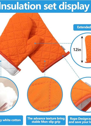 Oven Mitts and Pot Holders 4 pcs Set,High Heat Resistant 500 Degree Extra Thicken Long Kitchen Cotton Oven Glove for Cooking (12 Inch,Orange)…