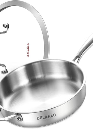 DELARLO Tri-Ply Stainless Steel 10 Inch Frying Pan,3 Quart Sauté Pan with lid,Compatible with All Cooktops,Oven Up to 660℉,Chicken Fryer,Dishwasher-Friendly