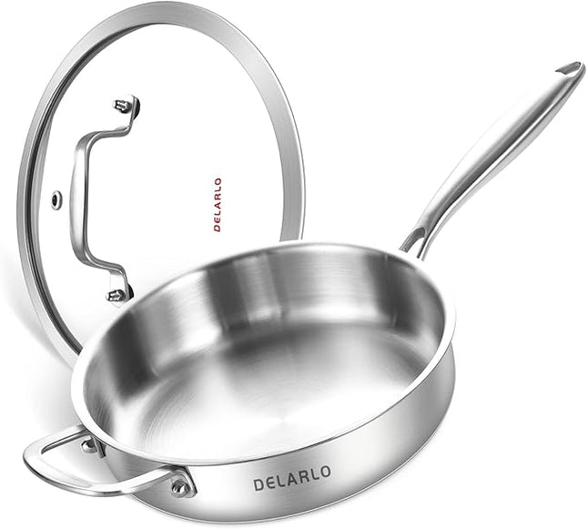 DELARLO Tri-Ply Stainless Steel 10 Inch Frying Pan,3 Quart Sauté Pan with lid,Compatible with All Cooktops,Oven Up to 660℉,Chicken Fryer,Dishwasher-Friendly
