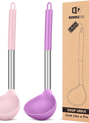 Pack of 2 Ladle Spoon,Silicone Large Spoon for Soup,Non Stick Kitchen Utensils with High Heat Resistant,BPA Free Perfect Kitchen Tools for Cooking, Stirring,Serving Soups (PINK-PURPLE)