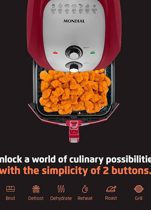 MONDIAL Air Fryer - 8.6 Quart Extra-Large Air Fryer, 2 Simple Dial Controls, 1800 Watts - Quick Heat Circulation Technology, Low Fat Cooking Less Calories - Removable Squared Basket - Red