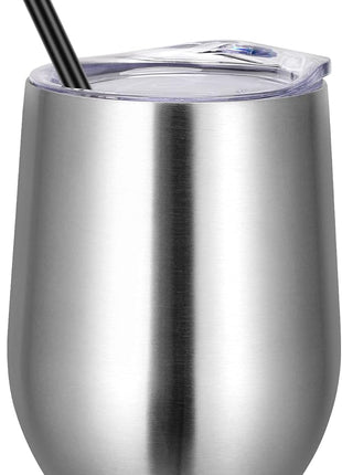 VEGOND 12oz Stainless Steel Wine Tumbler with Lid and Straw, Double Wall Vacuum Insulated Stemless Wine Glass Tumbler Cup, Coffee Mug for Cold Hot Drinks