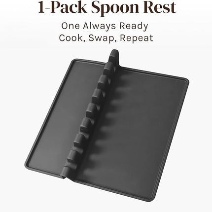 Black XL Silicone Spoon Rest for Stove Top with Drip Pad (1 Pack) - Heat-Resistant, BPA-Free Utensil Rest & Spoon Holder for Kitchen Counter - Grill Utensil Holder for Spatulas, Tongs, Ladles