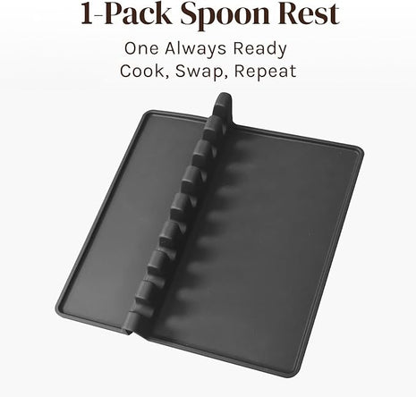 Black XL Silicone Spoon Rest for Stove Top with Drip Pad (1 Pack) - Heat-Resistant, BPA-Free Utensil Rest & Spoon Holder for Kitchen Counter - Grill Utensil Holder for Spatulas, Tongs, Ladles