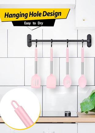 Pack of 4 Silicone Cooking Utensils Set, Non Stick Large Solid Spatulas, Heat Resistant Pink Slotted Spoons, Ideal BPA Free Kitchen Turners for Frying, Mixing,Serving,Draining,Turning,Stirring