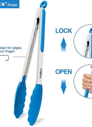 Walfos Kitchen Tongs - 7" 9" and 12" Heat Resistant Food tongs, Thickened Stainless Steel and BPA Free Silicone Tips, Great for Cooking, Grilling, Turning, Dishwasher safe(3 blue silicone tongs)