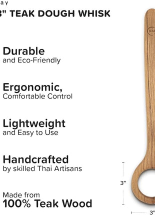 FAAY 13" Dough Whisk, 100% Healthy Teak Kitchen Utensils for Bread Mixing, Sourdough, Batter Preparation, Baking, and Cooking Tools