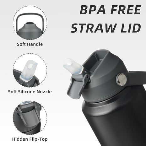BJPKPK Water Bottle with Straw Lid, 32oz Vacuum Insulated Water Bottles, Metal Stainless Steel Thermo for Sports, Travel, BPA Free Leak Proof Thermo, Cups, Flasks, Tumblers,Black