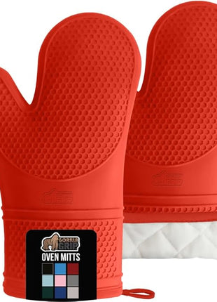 GORILLA GRIP BPA-Free Soft Silicone Oven Mitts, Heat Resistant and Waterproof Cooking Gloves, Thick Cotton Lining, Flexible Gripping for Baking Grilling, Kitchen Potholders Set of 2, 12.5x8.3, Coral
