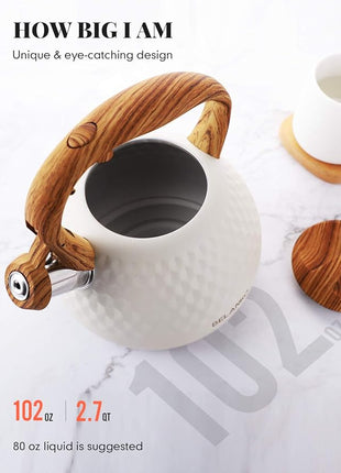 BELANKO 2.7 Quart Tea Kettle for Stovetop - Food Grade Stainless Steel with Diamond Texture, Designer Teapot Look, Cool-Touch Wood Pattern Handle, Whistling Spout - Milk White