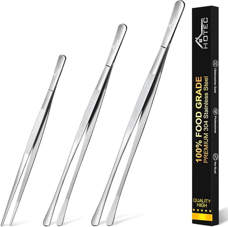 HOTEC Kitchen Tweezers Tongs Stainless Steel Professional Chef Tweezers, Set of 3-6.3", 10" and 12inch Food Tongs for Cooking, Repairing, Dessert, BBQ, Meat, Pasta