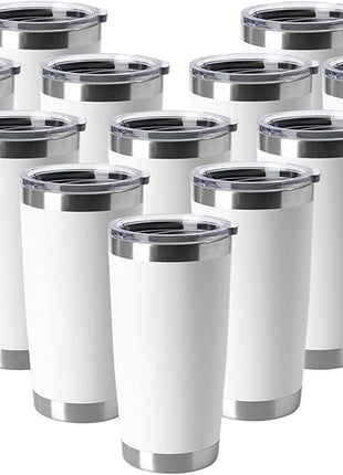 HASLE OUTFITTERS 20oz Tumblers Stainless Steel Mugs with Lid Double Wall Vacuum Insulated Coffee Cups for Cold & Hot Drinks (20oz-White, 12 Pack)