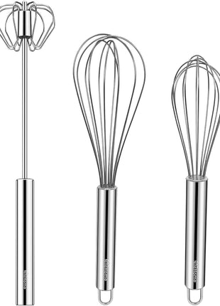 NileHome Stainless Steel Whisk Set 8" 10" Hand Blender + 12" Semi-Automatic Rotary Kitchen Whisk Kitchen Wisk Wire Whisks for Cooking, Whisking, Blending, Beating, Stirring- 3 Pack...