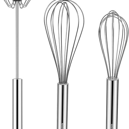 NileHome Stainless Steel Whisk Set 8" 10" Hand Blender + 12" Semi-Automatic Rotary Kitchen Whisk Kitchen Wisk Wire Whisks for Cooking, Whisking, Blending, Beating, Stirring- 3 Pack...