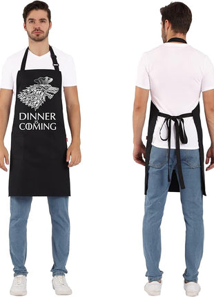 Grill Aprons for Men Women, Dinner is Coming Kitchen Chef Apron with 2 Pockets and 40" Long Ties, Adjustable Bib Apron for Cooking, BBQ, Baking, Gardening, Black
