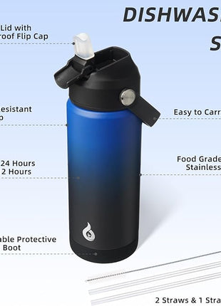 BJPKPK Insulated Water Bottle with Straw Lid, 18oz Thermo Water Bottles, Flex Handle & Non-slip Boot, BPA Free Leak Proof Stainless Steel Metal Thermo, Tumblers, Cups,Black Blue