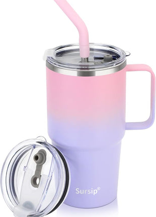 Sursip 24 oz Insulated Cup with Handle, Double Wall Vacuum Stainless Steel Tumbler with Straw and 2 Lids, For Cold/Hot Drinks, Coffee Travel Mug for Car/Home/Office/Party/Camping (Pink＆Purple-1 Pack)
