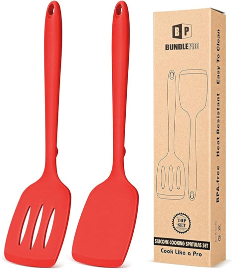 Pack of 2 Silicone Spatula Turners, Non Stick Slotted Kitchen Spatula Set, Heat Resistant BPA Free Kitchen Utensils, One-Piece Design, Suitable for Flipping Fish, Eggs, Steak, Pancakes (RED)