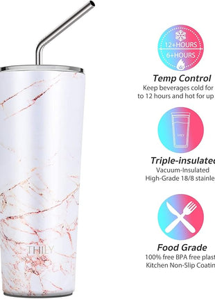 THILY Stainless Steel Vacuum Insulated Tumbler Travel Mug 26 oz Coffee Cup with 2 Lids and Straws, Splash Proof, Keep Ice Drinks Cold, Gold Marble