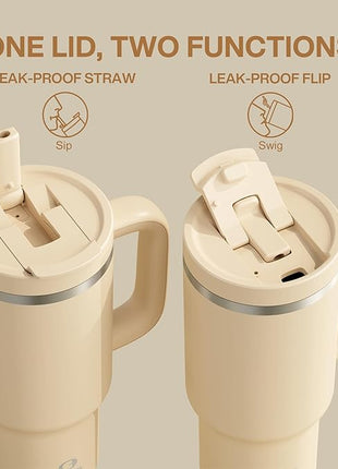 32 oz Tumbler with Handle and Straw: Stainless Steel Insulated Tumbler Keeps Cold for 24 Hours, Leakproof Travel Cup Fits in Cup Holder and BPA-Free, Indian Khaki