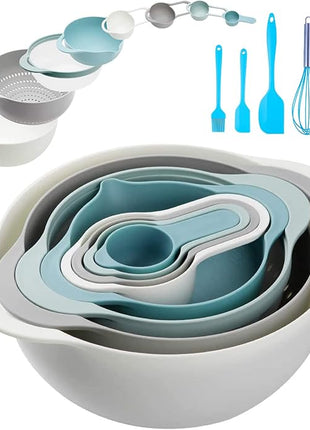 13 Pcs Mixing Bowls Set, RV Camping Accessories Set, Apartment Kitchen Gadget Easy Storage, Inculding Measuring Cups Colander Sifter Large Bowl Whisk Scraper, Great for Cooking and Baking, No BPA