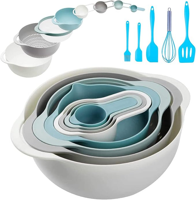 13 Pcs Mixing Bowls Set, RV Camping Accessories Set, Apartment Kitchen Gadget Easy Storage, Inculding Measuring Cups Colander Sifter Large Bowl Whisk Scraper, Great for Cooking and Baking, No BPA