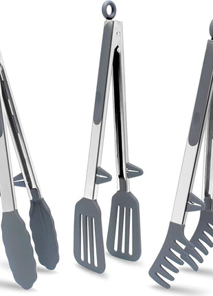 Tongs for Cooking, 12" Kitchen Tongs with Silicone Tips, Food Grade Serving Tongs Set of 3, Grey