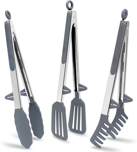 Tongs for Cooking, 12" Kitchen Tongs with Silicone Tips, Food Grade Serving Tongs Set of 3, Grey