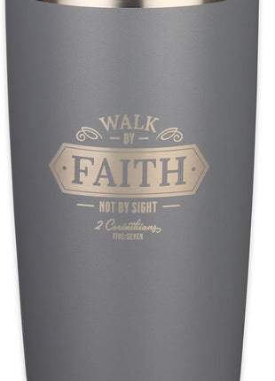 Christian Art Gifts Stainless Steel Double Wall Vacuum Insulated Travel Mug 18 oz Gray Bible Verse Tumbler with Retractable Lid for Men & Women - Walk by Faith - 2 Corinthian 5:7