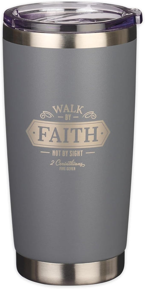 Christian Art Gifts Stainless Steel Double Wall Vacuum Insulated Travel Mug 18 oz Gray Bible Verse Tumbler with Retractable Lid for Men & Women - Walk by Faith - 2 Corinthian 5:7