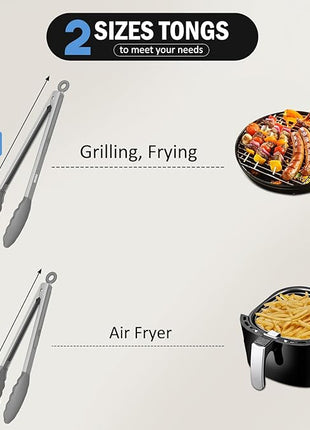 Kitchen Tongs, Stainless Steel Silicone Tongs for Cooking 600ºF High Heat-Resistant BBQ Grilling Locking Tongs, Set of 2-9" and 12" Light Grey