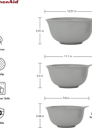 KitchenAid Universal Nesting Plastic Mixing Bowls, Set Of 3, 2.5 quart, 3.5 quart, 4.5 quart, Non Slip Base with Easy Pour Spout to Reduce Mess, Dishwasher Safe, Gray