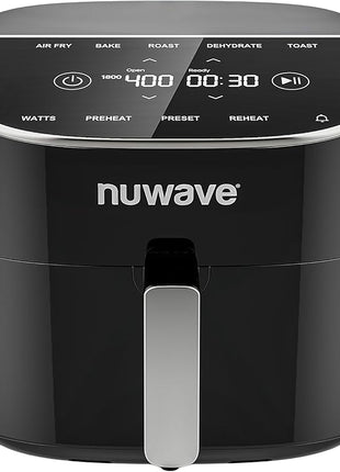 Nuwave Brio Plus 8 Qt Air Fryer, PFAS Free, New & Improved, Digital Touch Screen, Cool White Display, 50°F~400°F in Precise 5°, 5 Cook Functions, 100 Presets & 50 Memory, 3 Wattages 700, 1500, 1800