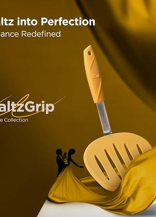 Kitchen Mama WaltzGrip Platinum Silicone Pancake Spatula Turner: Heat-Resistant, Slotted Tapered Head, Stainless Steel Core, Durable, Dishwasher-Safe, Ideal for Flipping and Wok Use (Yellow)