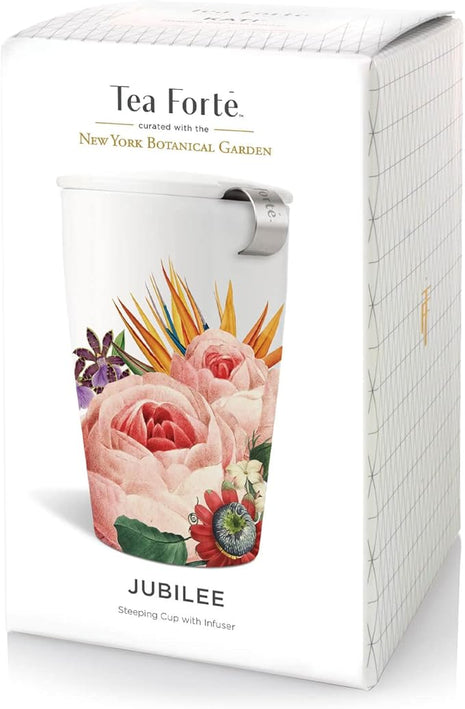 Tea Forte Double-Walled Ceramic Kati Cup, Removable Stainless Steel Infuser Basket and Lid, Steeps 12 oz Loose Leaf Tea, Dishwasher & Microwave Safe, Jubilee